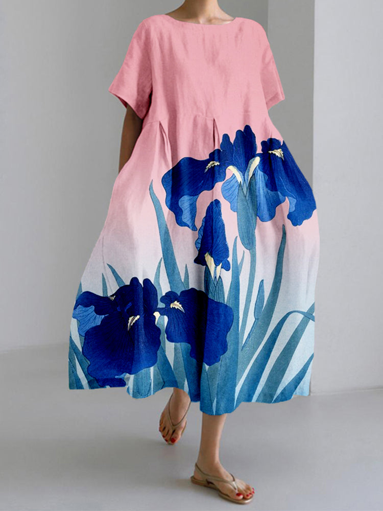 Comstylish Japanese Iris Art Transgender Gradient Linen Maxi Dress