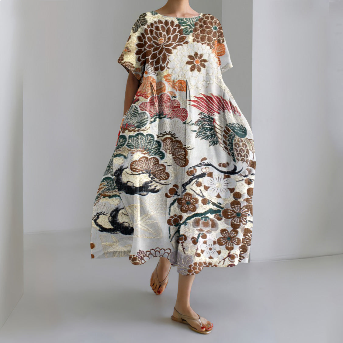 Comstylish Japanese Art Flower Print Loose Midi Dress