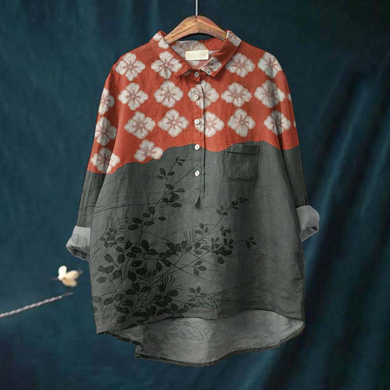 Comstylish Japanese Art Flower Print Lapel Loose Linen Blend Shirt