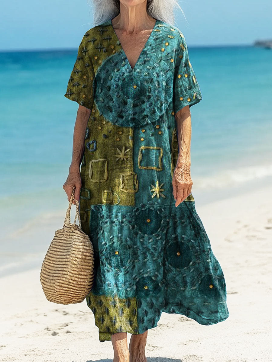 Women's Vintage Patchwork Pattern Print Pocket Cotton Dress