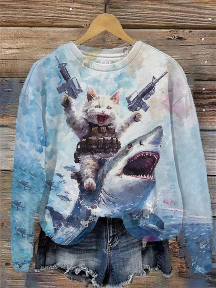Comstylish Women's Casual Ocean Shark Funny Black Cat Print Sweatshirt