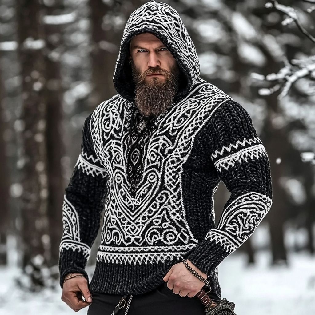 Men's Viking Rune Style Celtic Thick Hooded Sweater artswardrobe