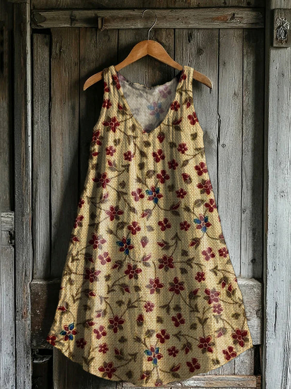 Women's Vintage Ethnic Flower Art Print V-neck Pocket Cotton Dress