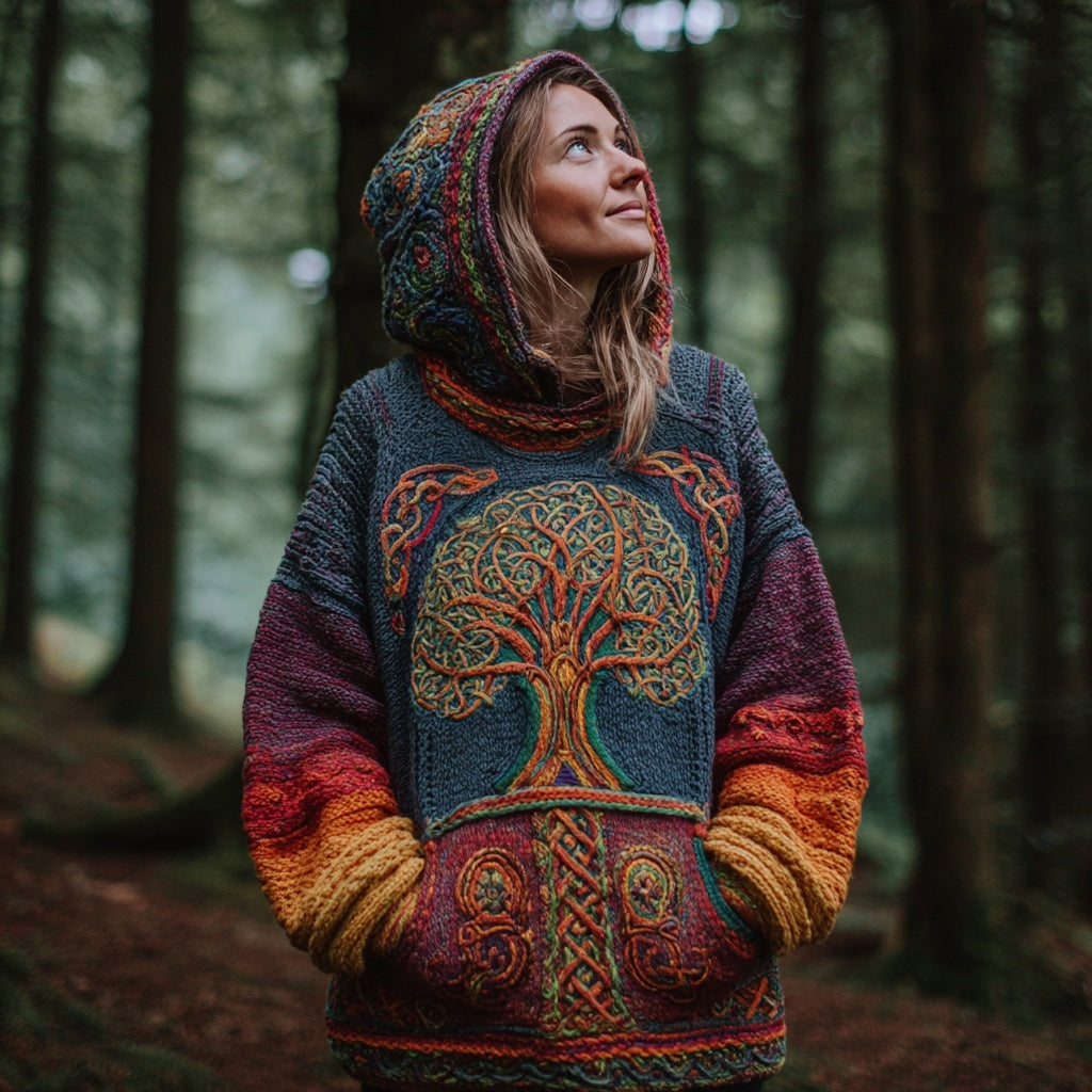 Viking Inspired Tree Of Life Colorful Cozy Hooded Sweater artswardrobe