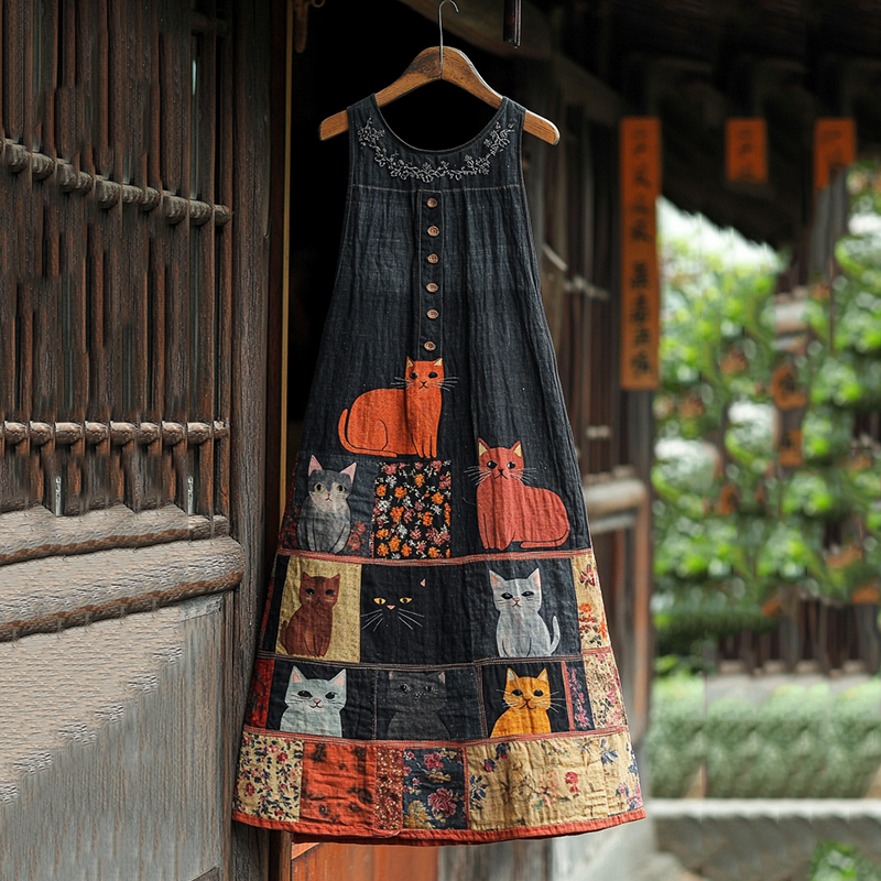 Comstylish Casual Pop Cat Patchwork Cotton Linen Dress