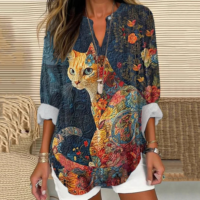 Women's Animal Cat Print Casual Loose V-Neck Long Sleeve Shirt elevenforest