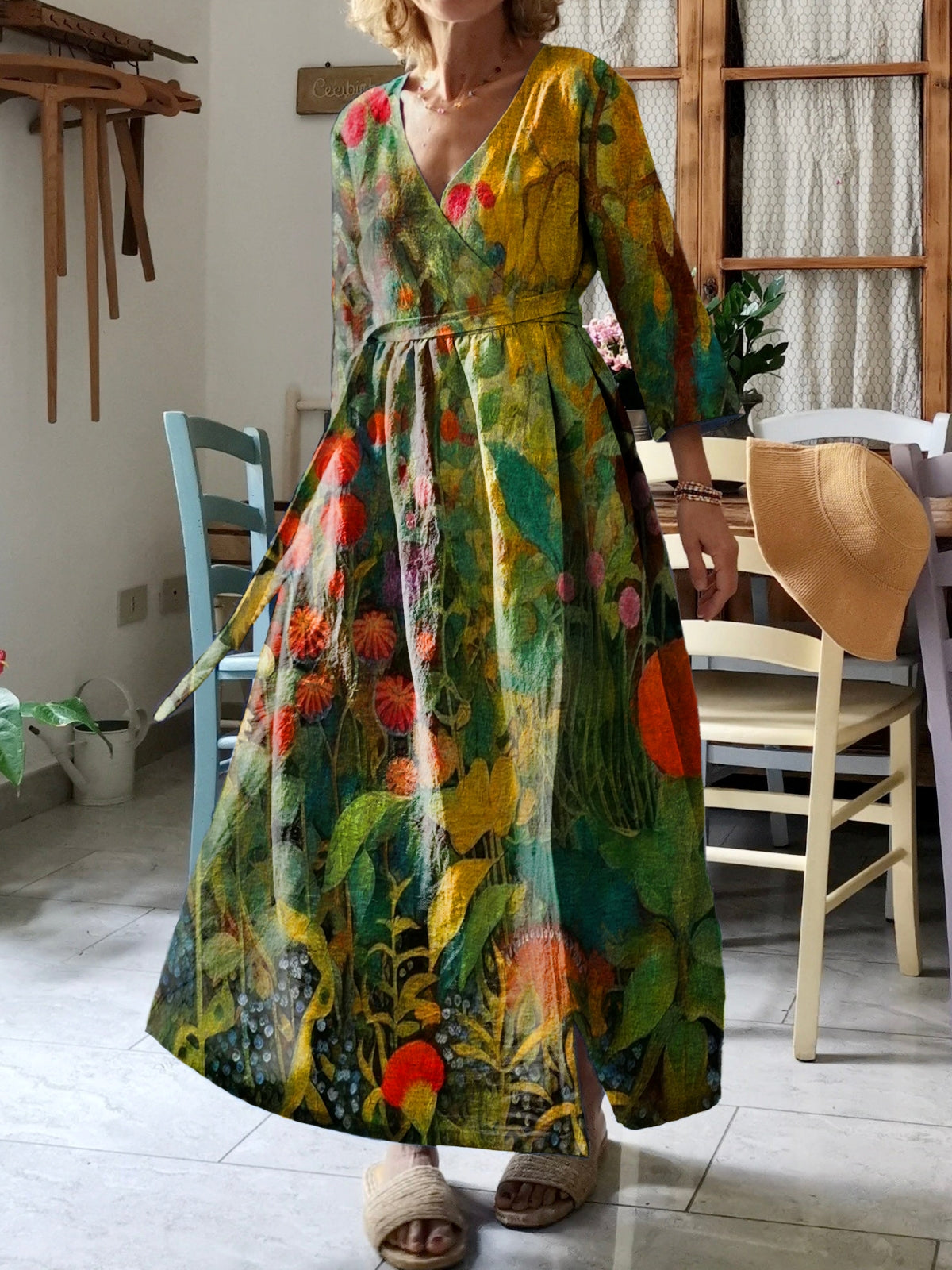 Women's Flower Art Print V-Neck Cotton Pocket Wrap Dress