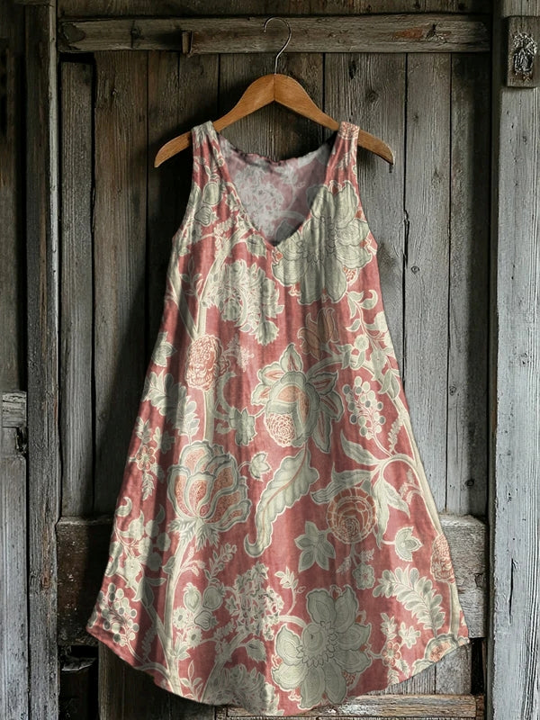 Women's Vintage Folk Floral Pattern Print V-Neck Sleeveless Comfortabl