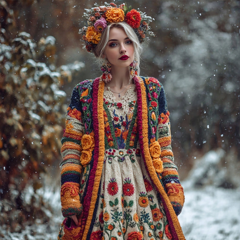 Comstylish Vintage Mexican Flowers Colored Striped Cozy Sweater Cardigan