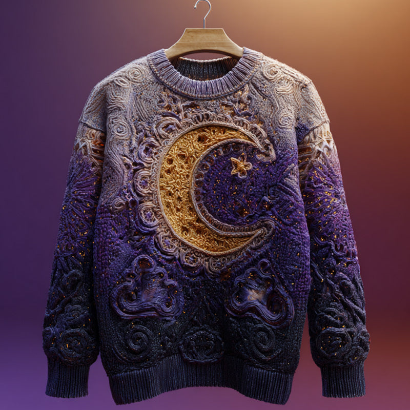Halloween Mystical Celestial Glitter Moon & Stars Cozy Knit Sweater artswardrobe