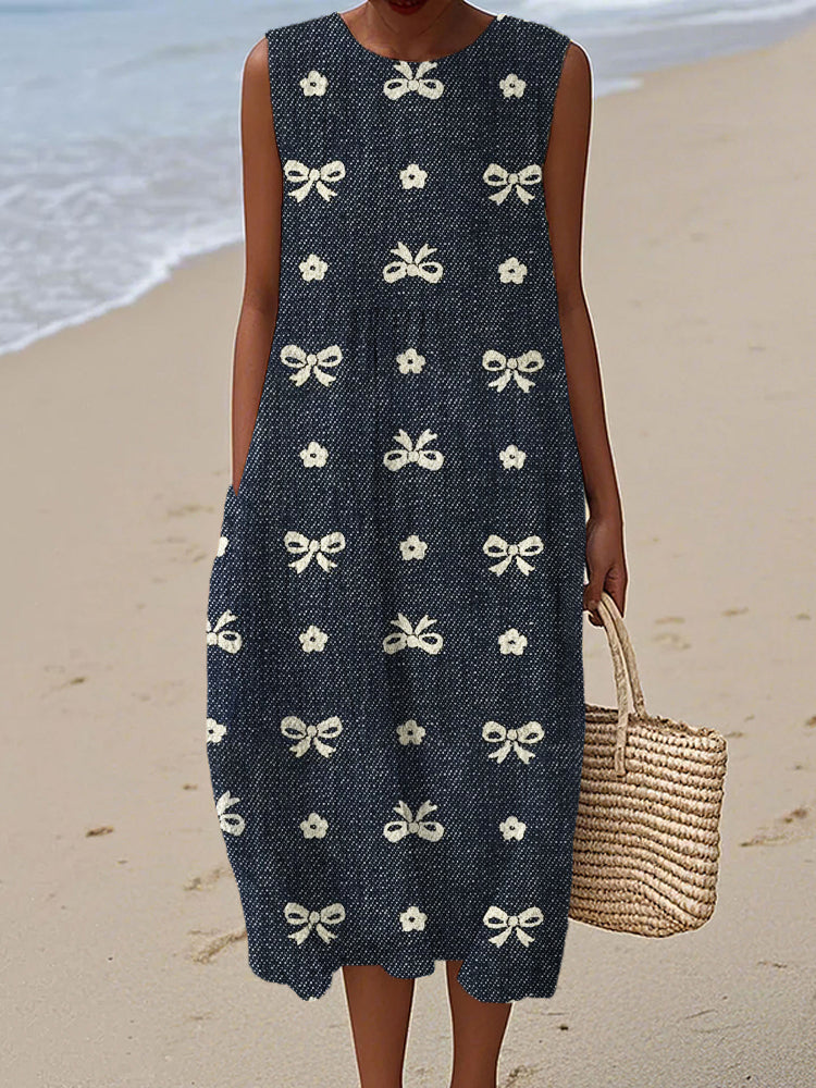 Vintage Bow Pattern Women's Linen Vest Dress artswardrobe