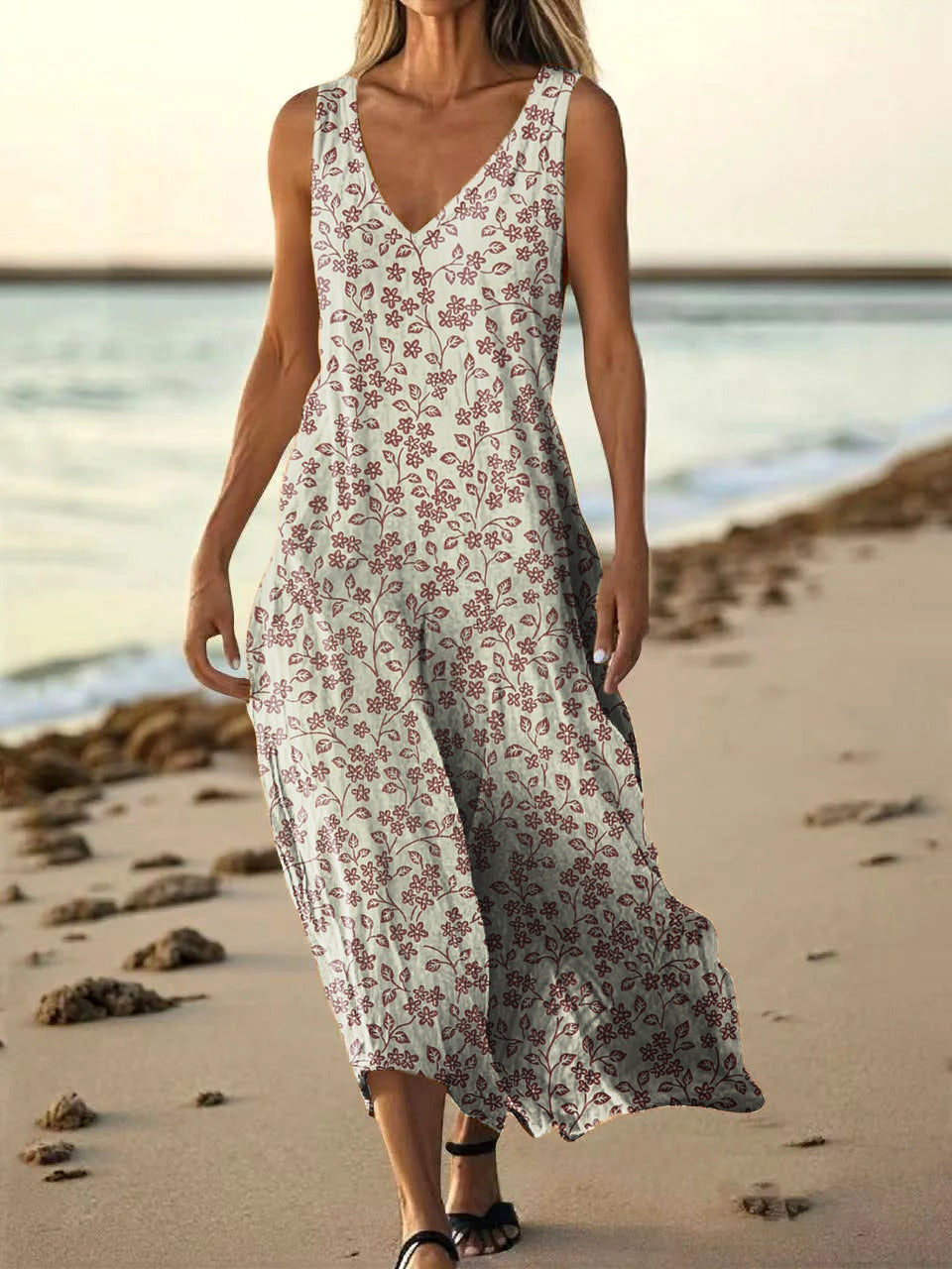 Women's Vintage Floral Art Print Pocket Cotton Dress