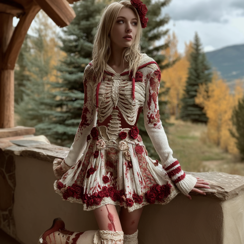 Comstylish Halloween Blood Rose Women's Knit Hooded Sweater Dress