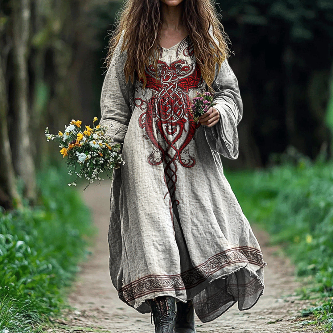 Women's Vintage Viking Dragon Rune Cotton And Linen Dress artswardrobe