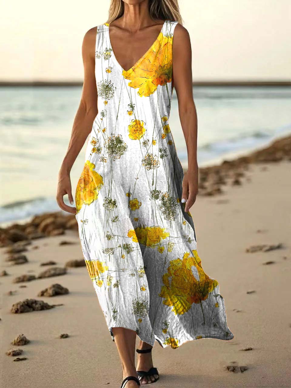 Women's Floral Art Print Pocket Cotton Dresses