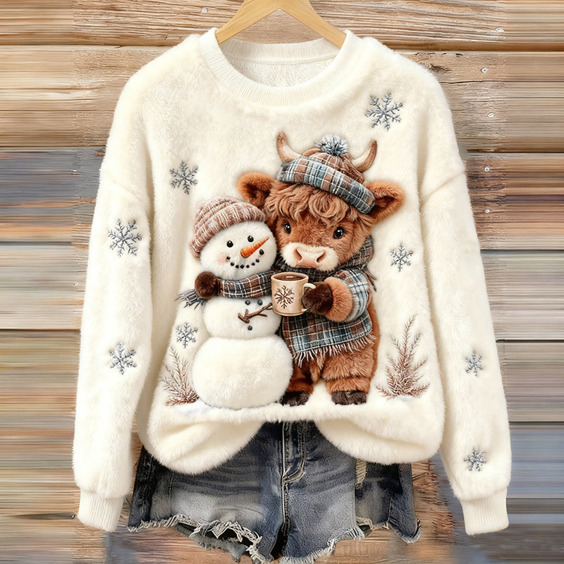 Comstylish Lovely Highland Cow And Snowman Art Plush Pattern Christmas Sweater