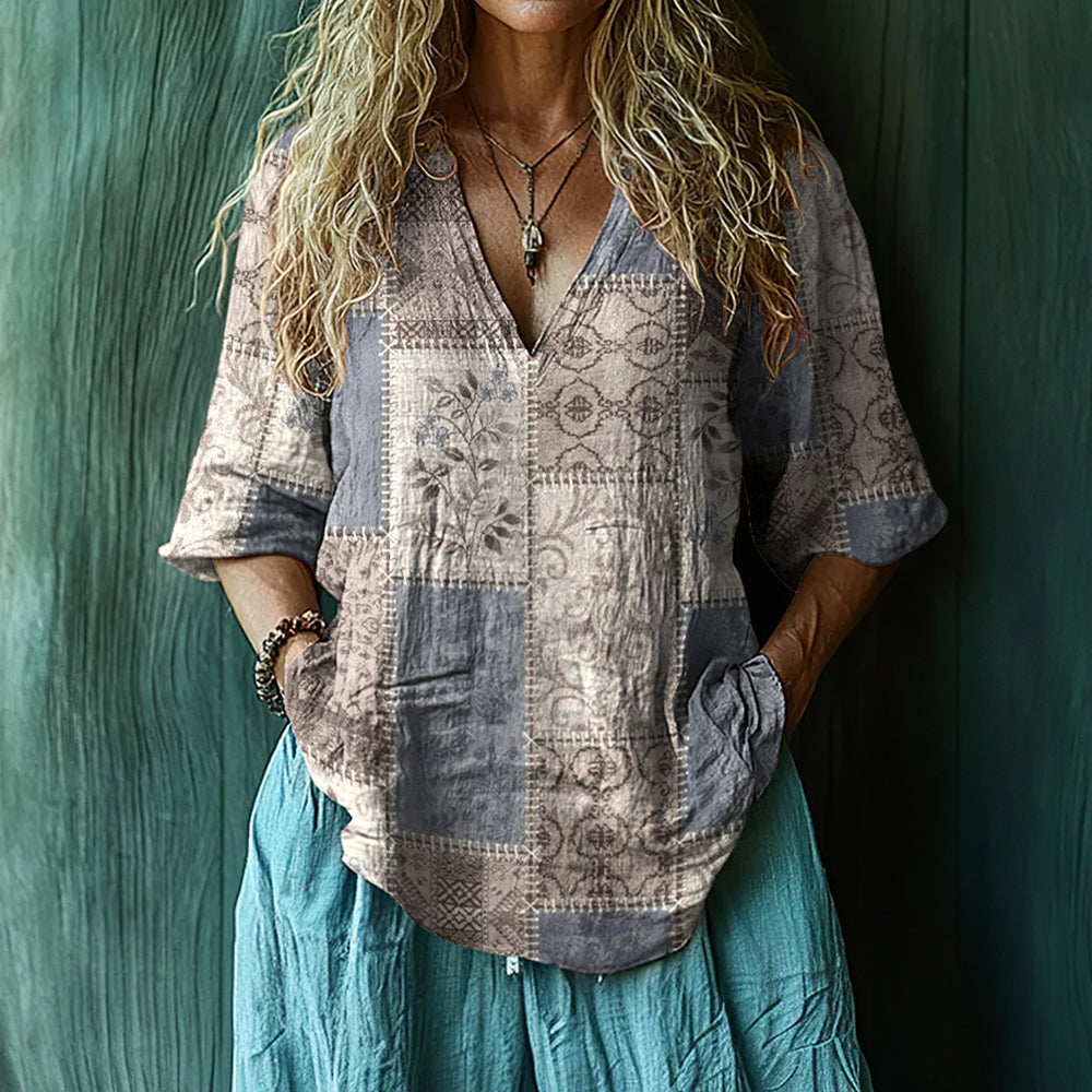 Vintage Floral Patchwork Art Cotton Linen Shirt artswardrobe