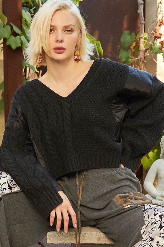 Maeve® | Cable knit sweater with quilt patch and V-neck