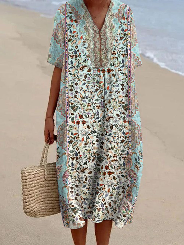 Comstylish Japanese Art Floral Pattern Linen Blend Midi Dress