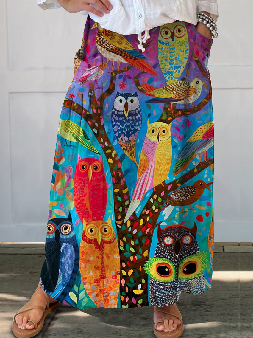 Women's Colorful Owl Pattern Art Printed Linen Pocket Dresses