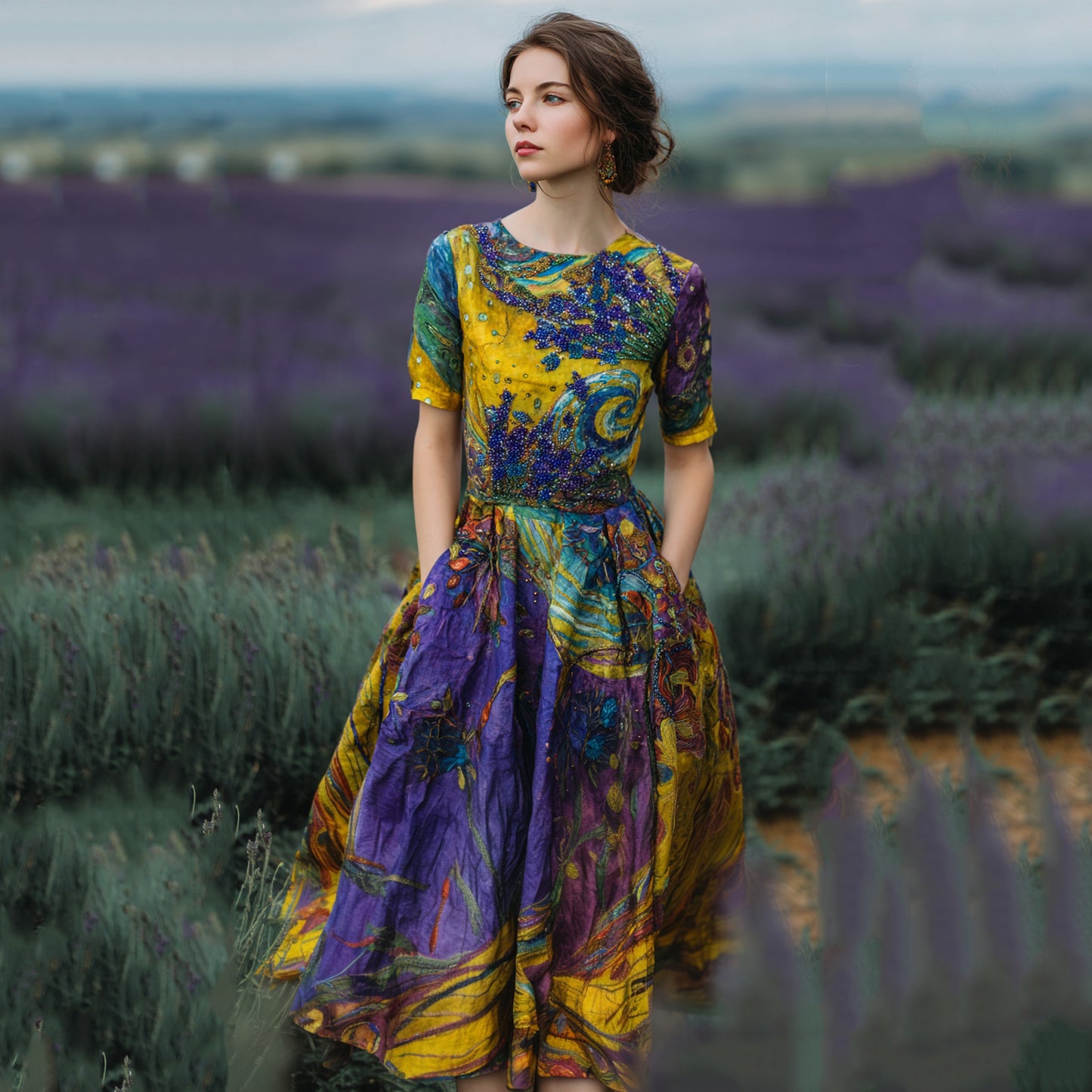 Vintage Lavender Starry Sky Oil Painting Print Linen Midi Dress artswardrobe