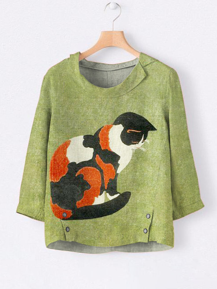 Hana Cat Japanese Art Linen Lapel Shirt elevenforest