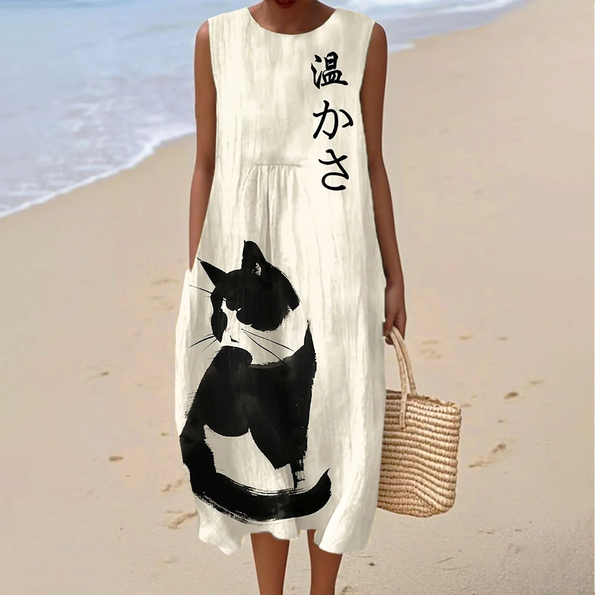 Comstylish Women's Vintage Cat Art Print Linen Dress