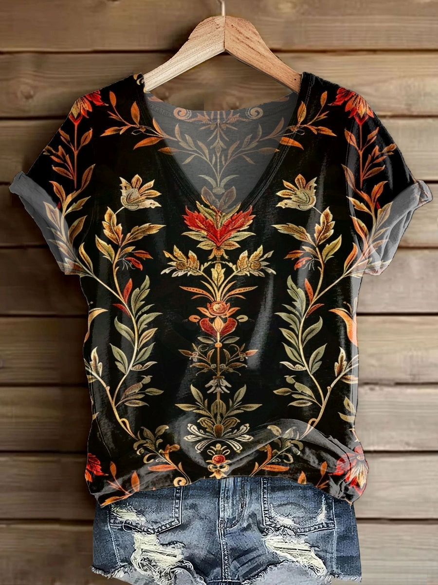 Women's Vintage Folk Art Floral Pattern Print V-neck Casual T-Shirt