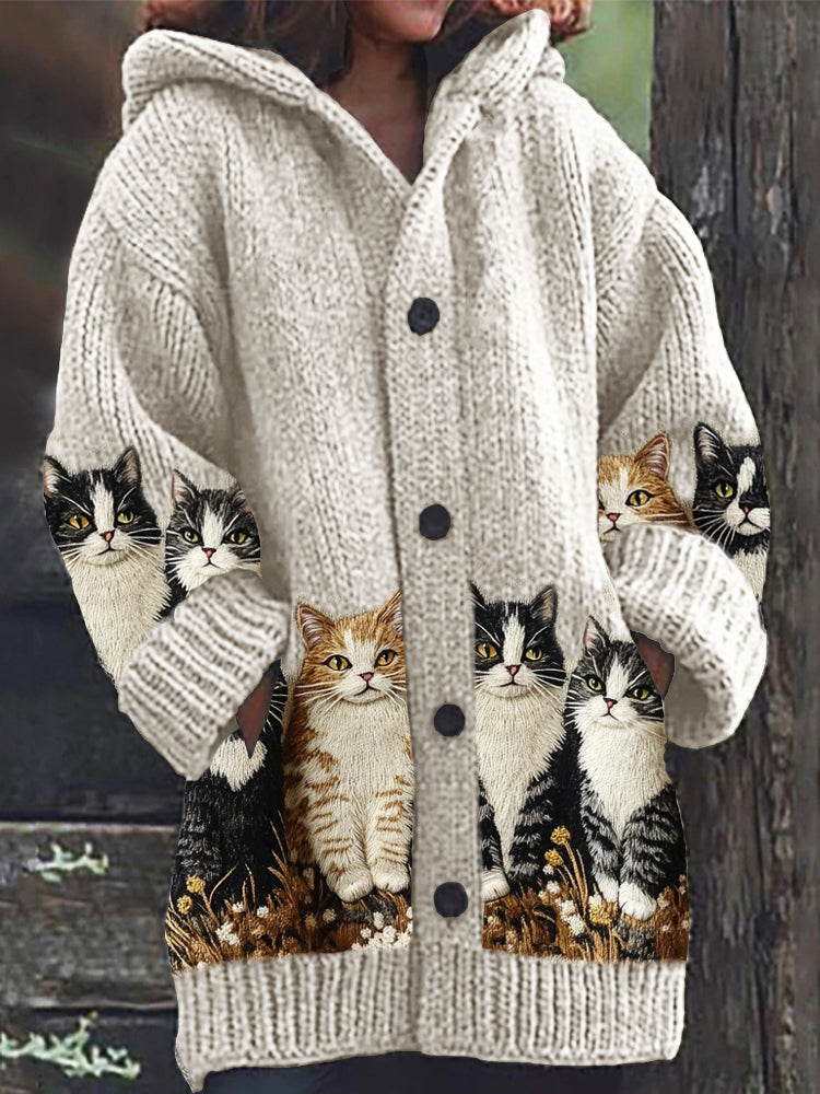 Comstylish Fuzzy Cats Embroidered Cozy Knit Hooded Cardigan