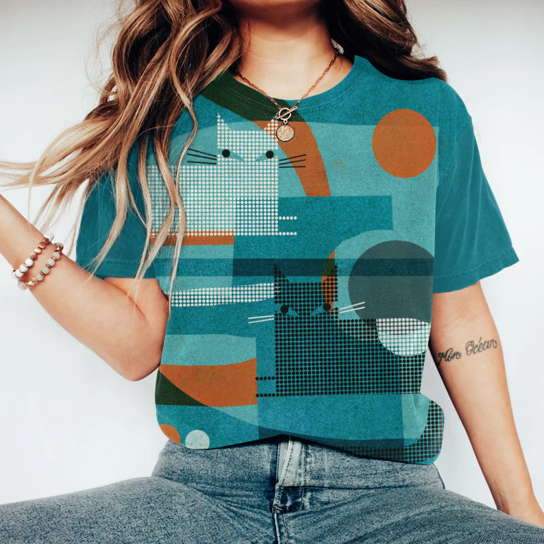 Abstract Creative Geometric Cat Painting Art T-Shirt elevenforest