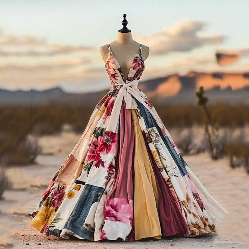 Women's Vintage Floral Art Patchwork Sleeveless Maxi Dress artswardrobe