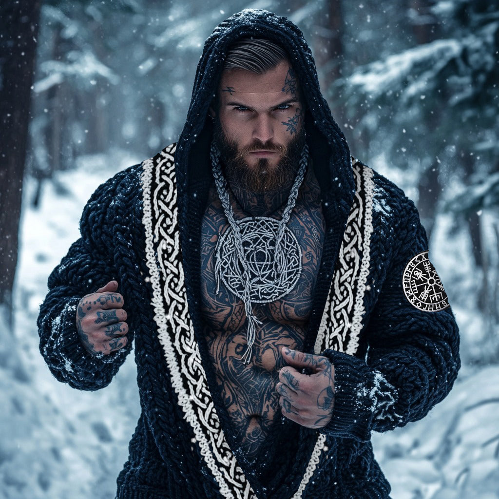 Men's Vintage Viking Runes Inspired Celtic Jacquard Hooded Cardigan artswardrobe