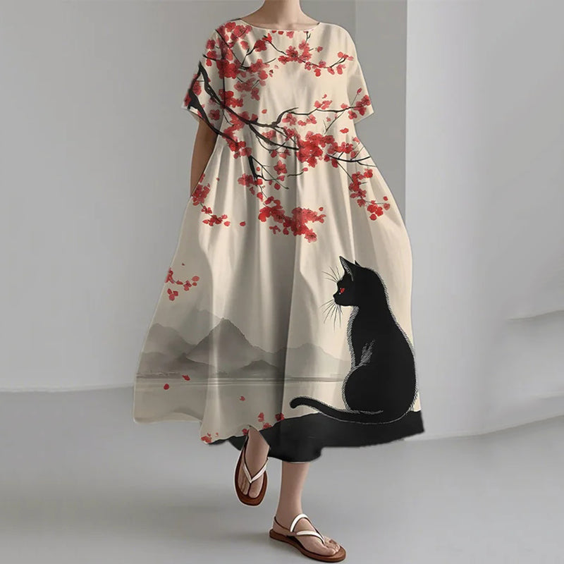 Comstylish Women's Japanese Cherry Blossom Black Cat Print Short Sleeve Dress