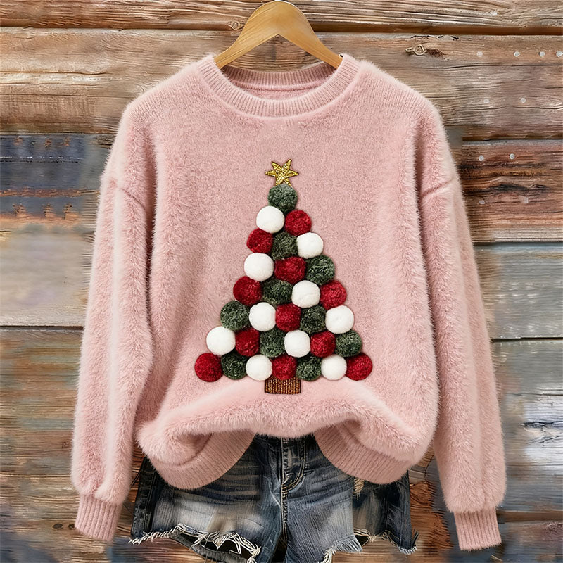 Comstylish Christmas Tree Art Round Neck Plush Sweatshirt