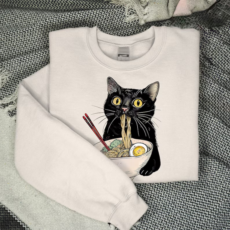 Comstylish Vintage Black Noodle Cat Pattern Print Ladies Sweatshirt