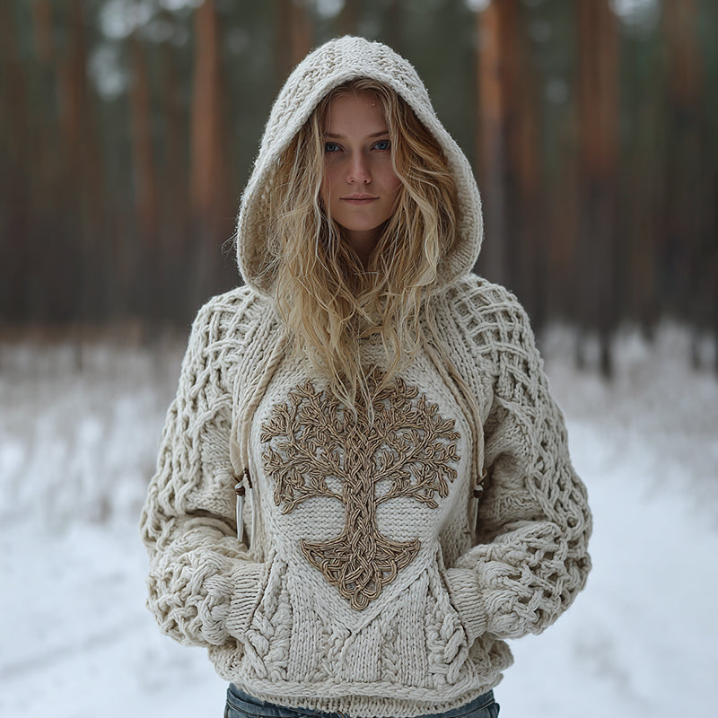 Women's Vintage Viking Tree Of Life Celtic Knot Pattern Knit Hooded Sweater artswardrobe