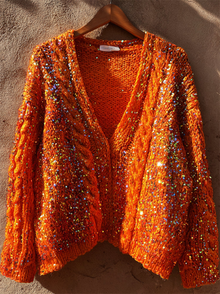 Vintage Glitter Sequins Cozy Cable Knit Cardigan artswardrobe