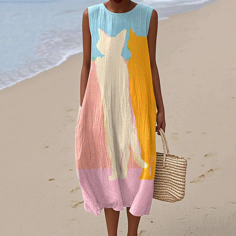 Women's Cat Art Print Linen Tank Midi Dress elevenforest