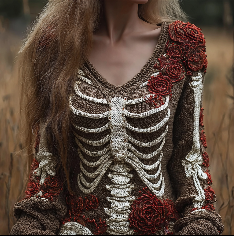 Ladies' V-neck Knitted Sweater With Halloween-themed Line Art And Botanical Floral Design. artswardrobe