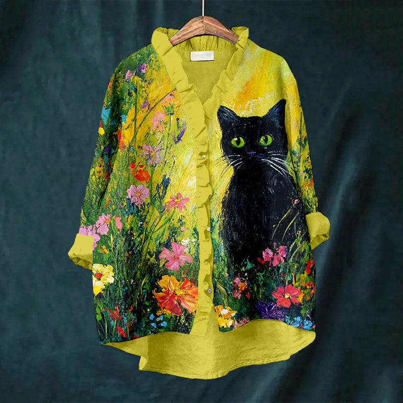 Black Cat & Colorful Flowers Ruffle Trim Linen Blouse elevenforest