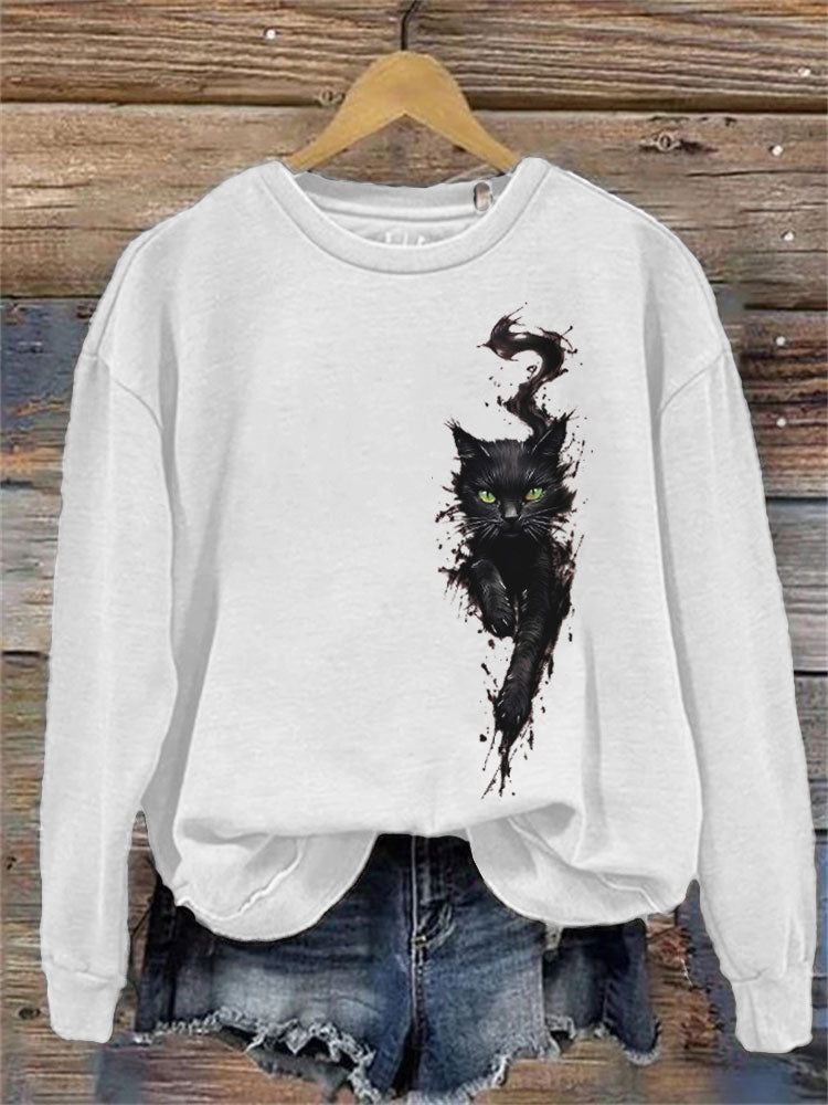 Women's Casual Funny Black Cat Print Sweatshirt elevenforest