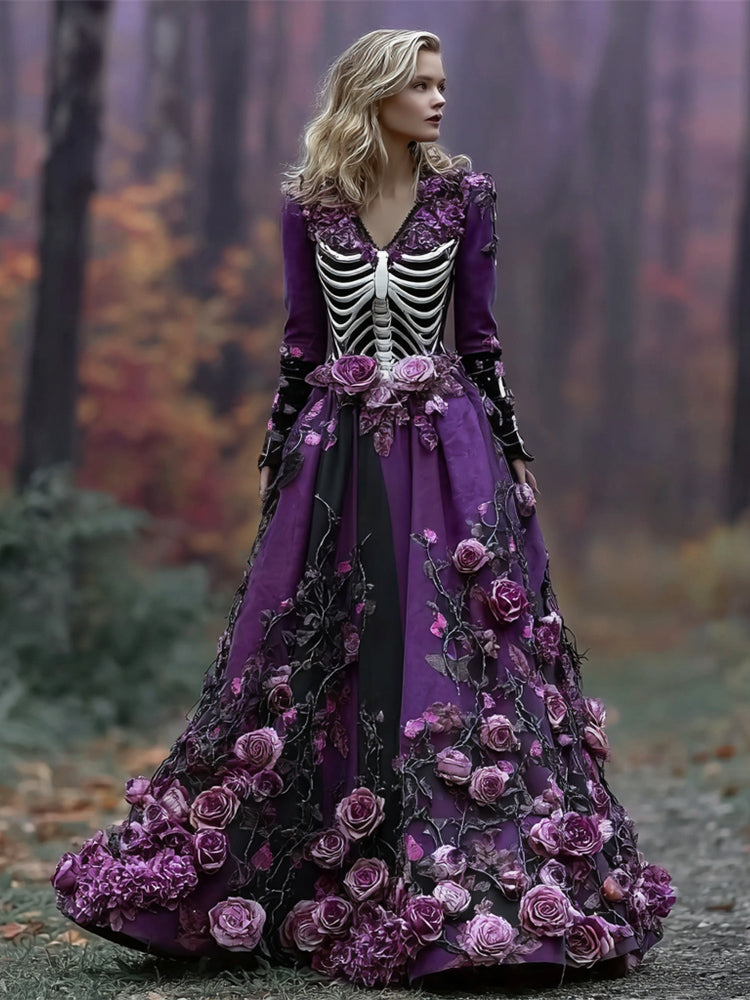 Comstylish Halloween Skeleton Floral Art Women's V-neck Long-sleeve Maxi Dress