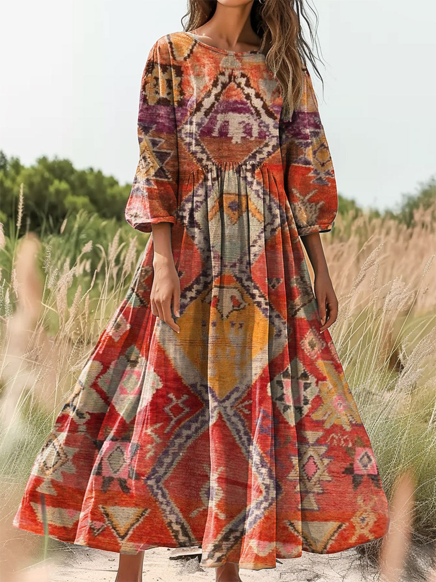 Women's Vintage Tribal Art Print Flowy Crew Neck Cotton Pocket Dress