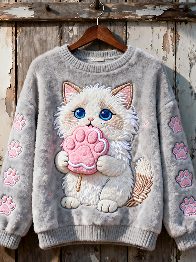 Comstylish Cat Eating Cat Claw Cotton Candy Flannel Crewneck Sweatshirt