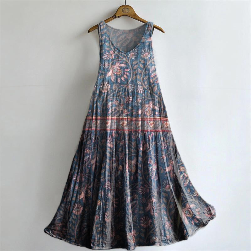 Women's Vintage Ethnic Floral Art Print Crew Neck Sleeveless Cotton Po