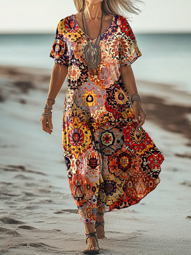 Women's Art Floral Hippie Vintage Print V-Neck Short Sleeve Dress