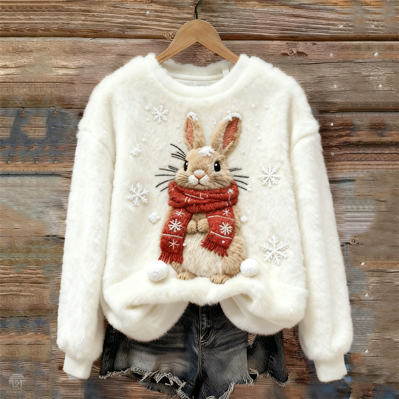 Comstylish Lovely Bunny With Scarf Snowflakes Cozy Plush Sweatshirt