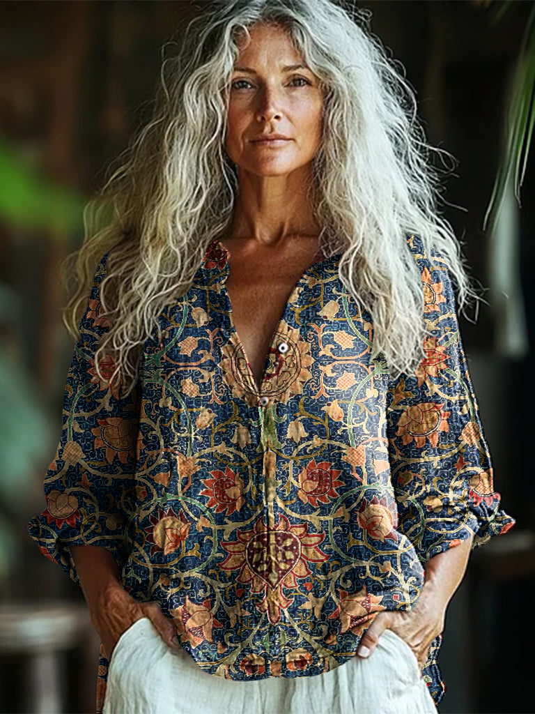 Bohemian Style Holland Park Morris Floral Linen Print Long Sleeve Shirt artswardrobe