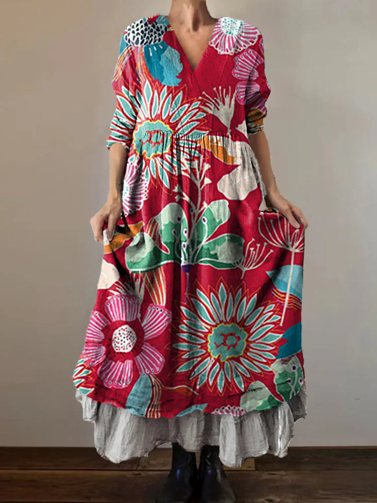 Women's Floral Art Print V-Neck Button Pocket Cotton Dress