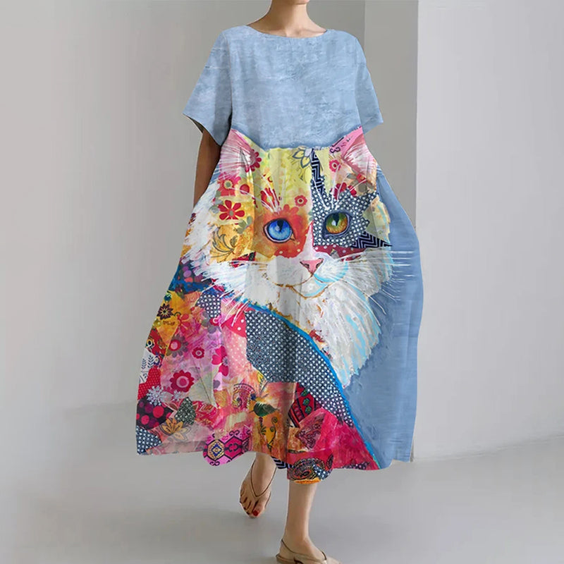 Comstylish Women's Animal Cat Art Print Casual Loose Short Sleeve Midi Dress